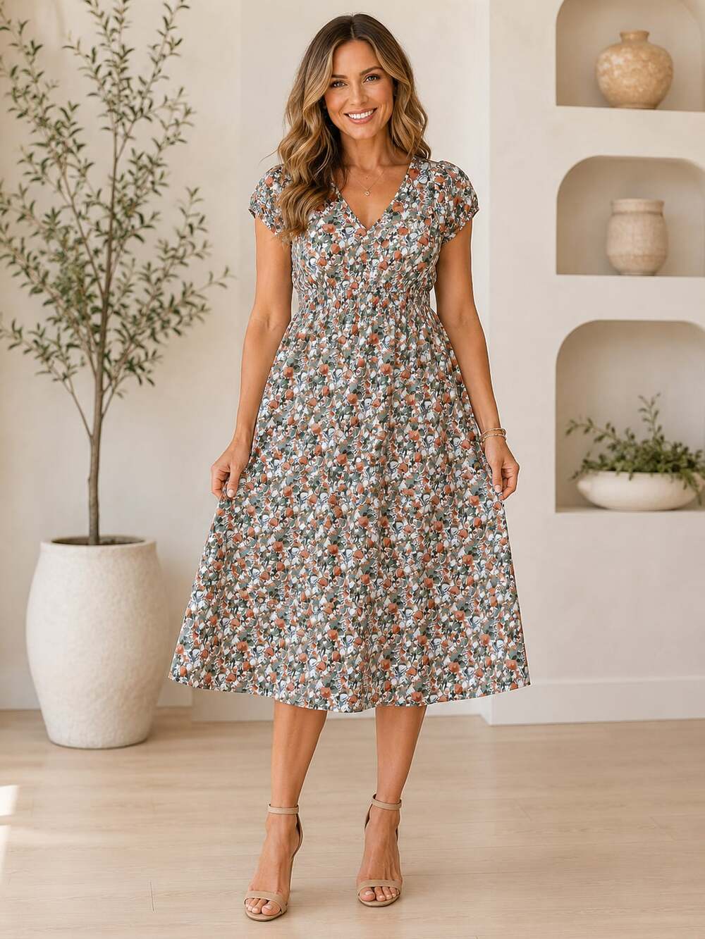 Mikarose Floral V-Neck Midi Dress Women’s Large Modest Short Sleeve Lined